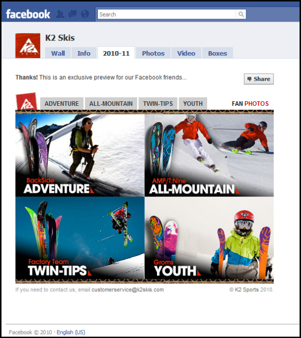 The only way to see K2's 2010-2011 new ski line is to become a fan of their Facebook page
