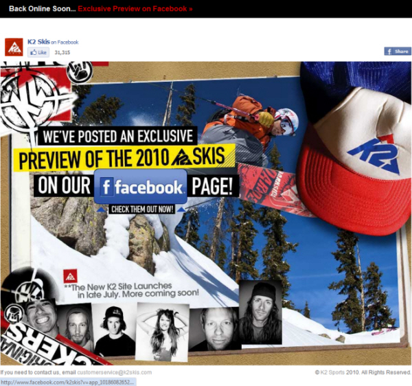 The K2 Skis website temporarily forwards to Facebook